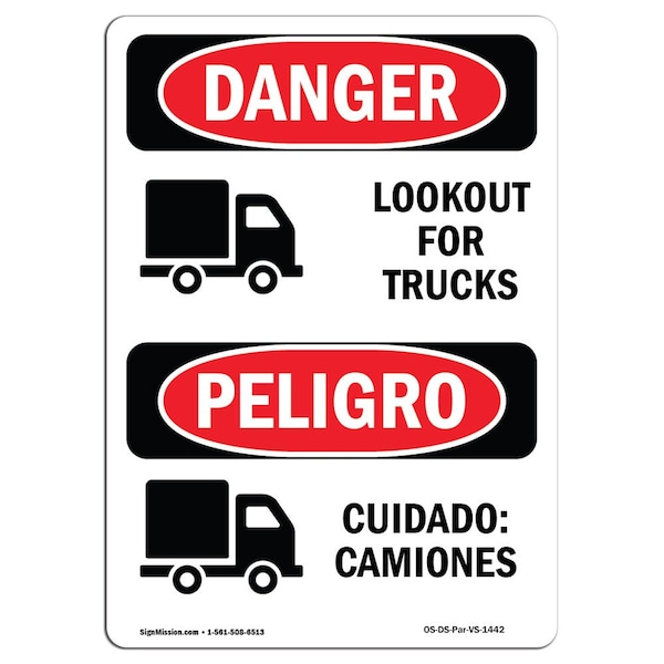 OSHA Sign, Look Out For Trucks Bilingual, 14in X 10in Aluminum, 10" W, 14" L, Bilingual Spanish